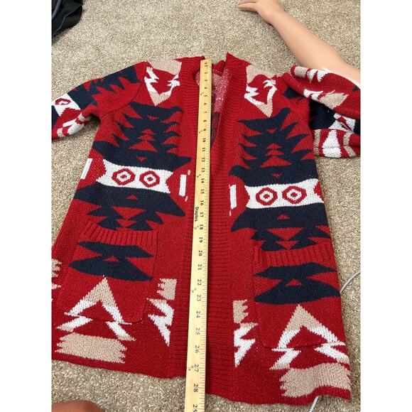 Cardigan sweater Aztec open front deep red front pockets SZ M soft western style - Picture 5 of 6